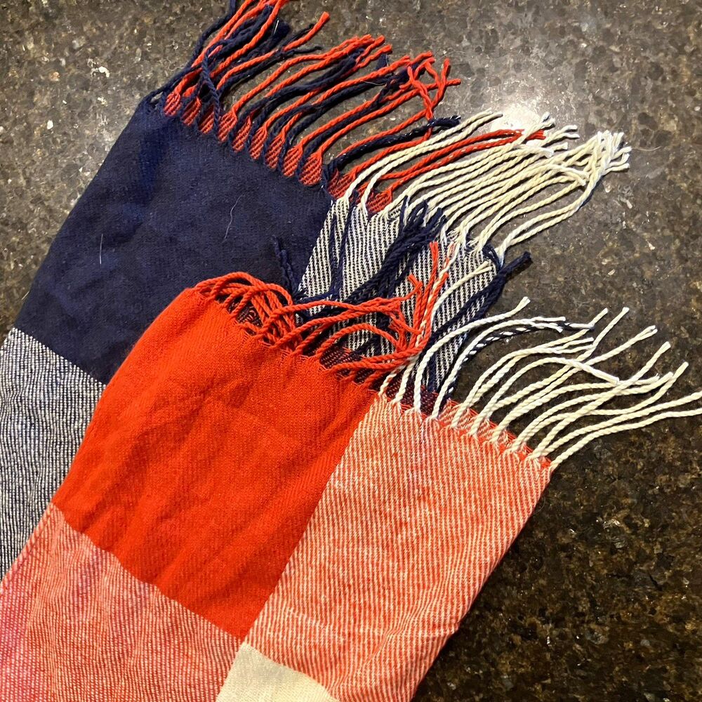 Women's Red Blue White Plaid Knit Rectangle Scarf with Fringe Acrylic